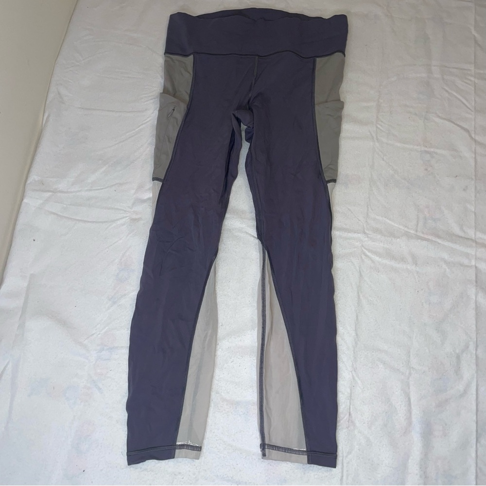 ATHLETA Deep Purple Ivory Olive Side Zip Pocket Mesh L Leggings